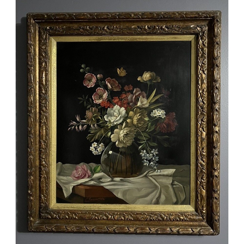 Vintage Oil Painting Board Flowers Evelio Garcia Mata (Cuban Artist 1910-1985)